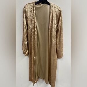 Y2K Gold Sequin Belted Duster with Silky Lining